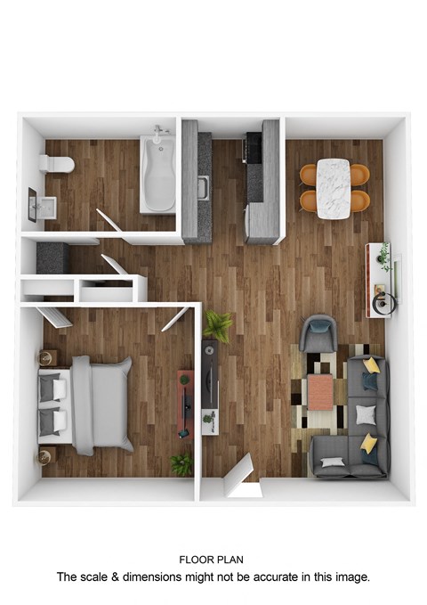 Floor plan for 1 bed, 1 bath, 587 sqft